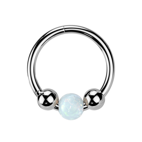 Bague micro segment pliable argent deux boules et boule opale blanche