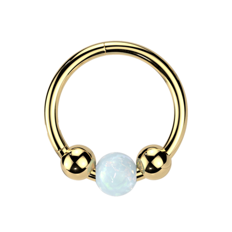 Bague micro segment pliable plaquée or deux boules et boule opale blanche