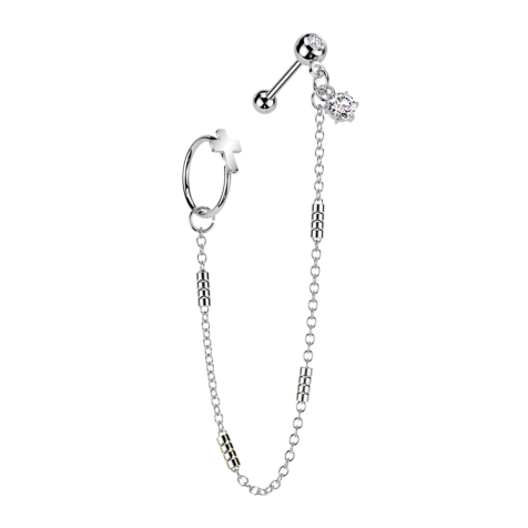 Micro barbell silver with ball and balls crystal silver connecting chain four bar ring cross
