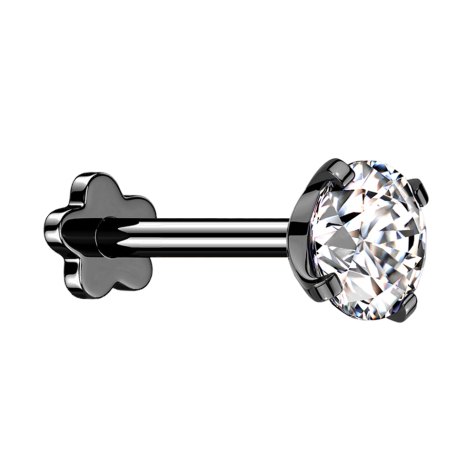 Micro labret sans filetage fleur noire sertie dun cristal argenté