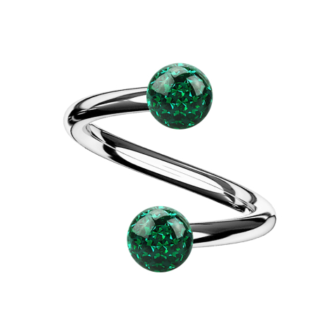 Spirale argentée avec deux boules de cristal vert Couche de protection en époxy