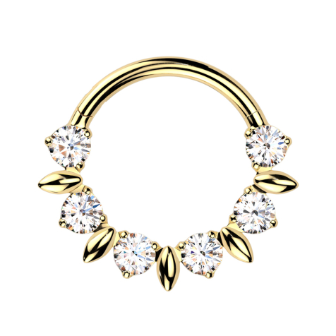 Anello micro segmentato pieghevole placcato oro con cristalli rotondi argentati e foglie ovali