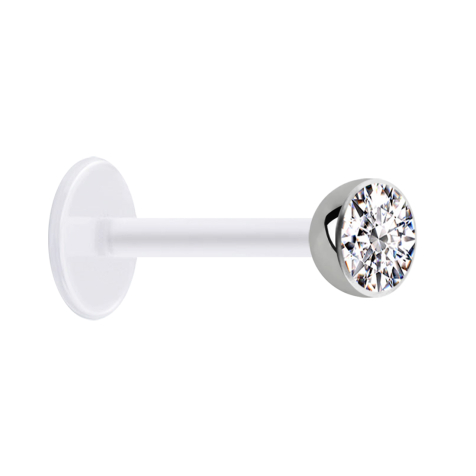 Sterile, transparent micro labret with a silver hemispherical crystal
