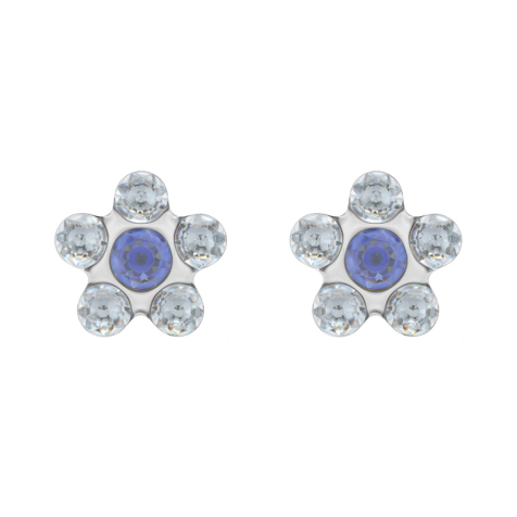 Silver daisy stud earrings with silver and dark blue crystals