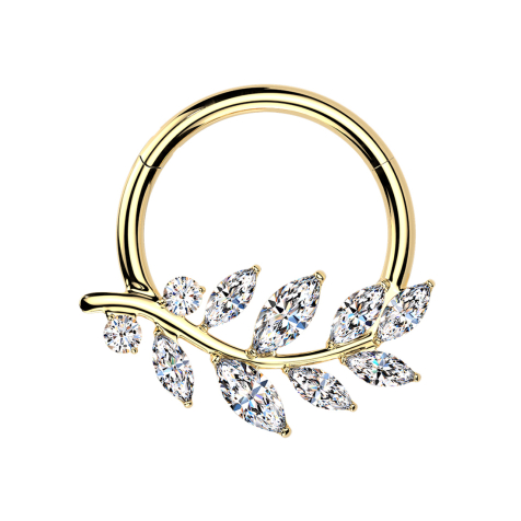 Micro segment ring, foldable, gold-plated, olive leaf, round and oval crystals, silver