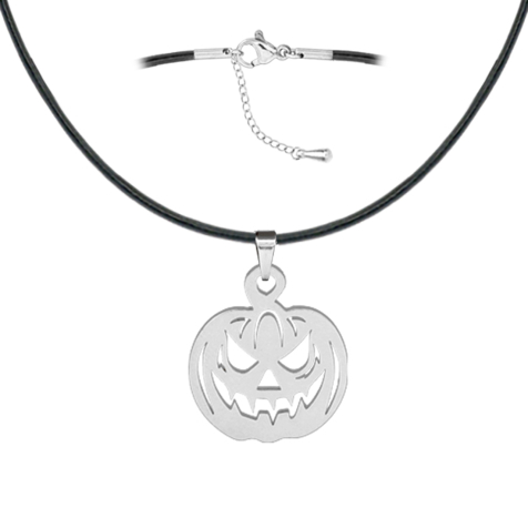 Black necklace with silver pumpkin head pendant