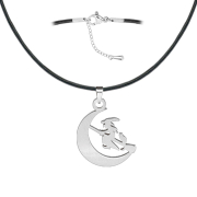 Black necklace with a silver moon pendant featuring a...