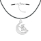 Black necklace with a silver moon pendant featuring a witch on a broomstick