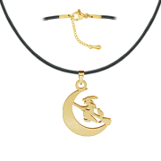 Black necklace with a gold-plated moon pendant featuring...