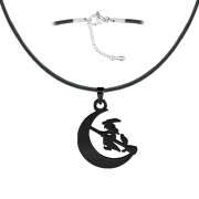Black necklace with a moon pendant featuring a witch on a...