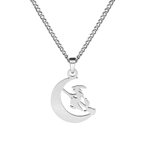 Silver necklace with a moon pendant featuring a witch on a broomstick