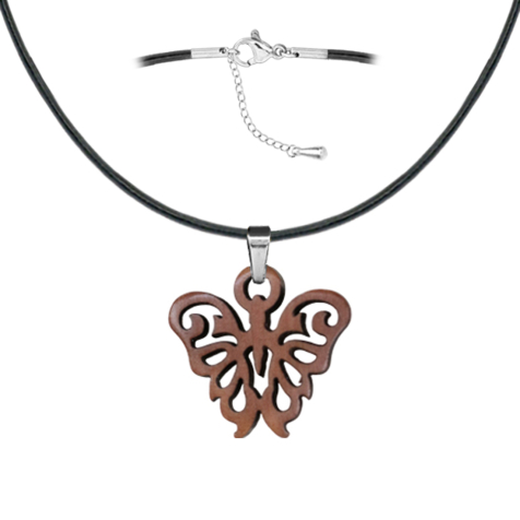 Collana nera con ciondolo a forma di farfalla in legno di sawo