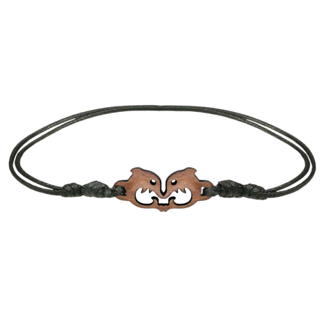 Braccialetto nero con due delfini in legno di sawo