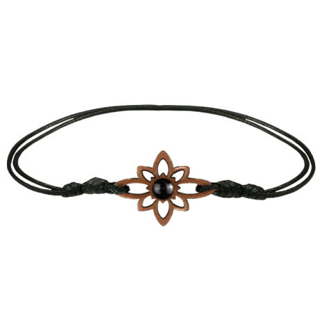 Black bracelet with a flower and black onyx stone made of sawo wood