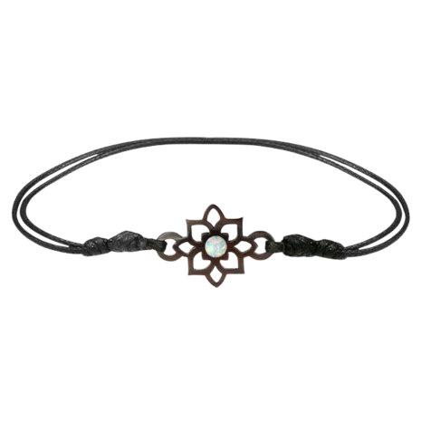 Black bracelet with a square flower motif and blue opal, made of narra wood