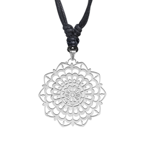 Black necklace with silver mandala bow pendant