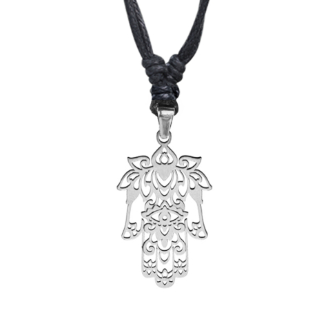 Black necklace with silver Hamsa Flower pendant