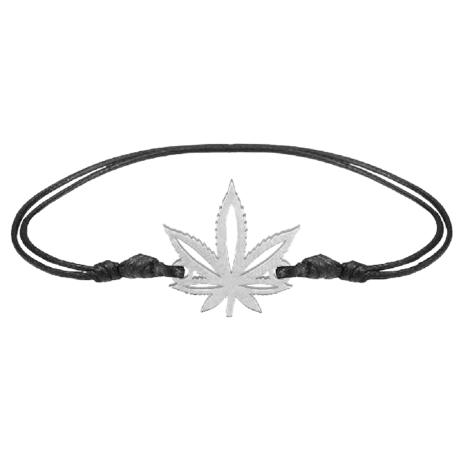 Bracelet noir avec pendentif argent en forme de feuille de chanvre