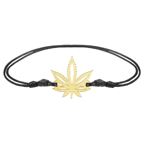 Bracelet noir avec pendentif plaqué or en forme de feuille de chanvre