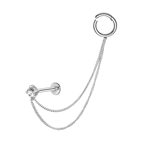 Anello a segmenti micro pieghevole argento e labret con cristallo argento e due catene di collegamento