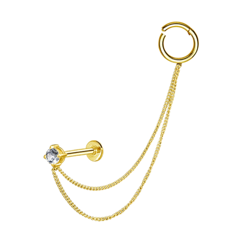 Micro Segmentring klappbar vergoldet und Labret mit Kristall silber zwei Verbindungsketten