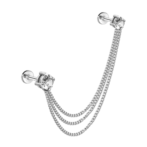 Micro labret con filettatura interna argento, due cristalli rotondi argento e tre catene di collegamento