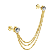Gold-plated micro labret studs with two round crystals...