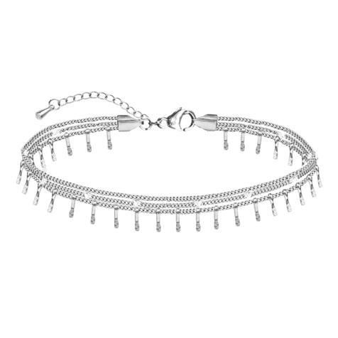 Silver anklet with three chains and a hammered bar