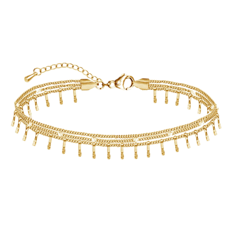 Bracelet de cheville plaqué or, composé de trois chaînes martelées