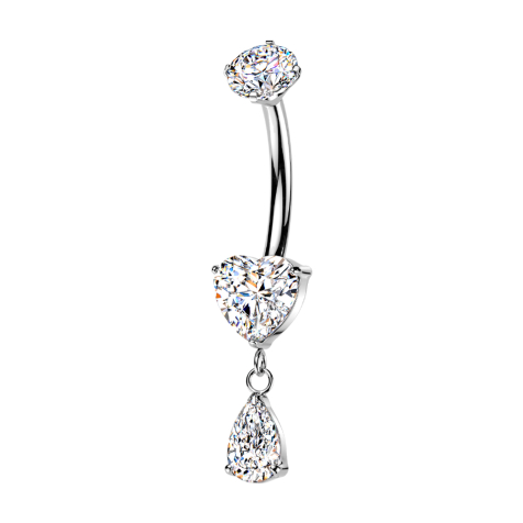 Banana Earring with Internal Thread, Silver, Crystal Set in Silver, and Heart Pendant with Teardrop Crystal in Silver