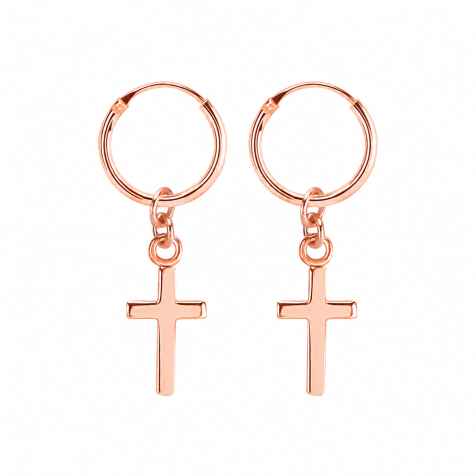 Orecchino rotondo in oro rosa con ciondolo a forma di croce