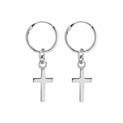 Round silver earring with cross pendant