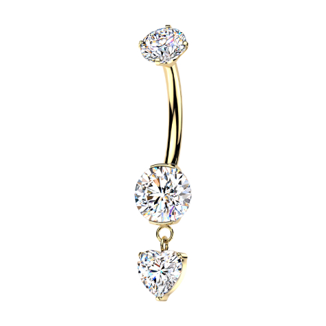 Banana clasp with gold-plated interior thread, two crystals set in silver, and a heart-shaped crystal pendant in silver