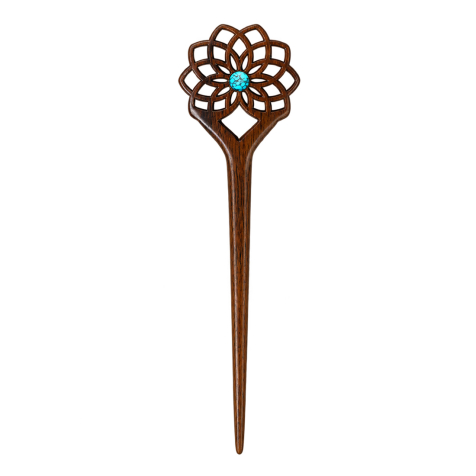 Haarnadel Blume des Lebens aus Narra Holz mit türkis Stein