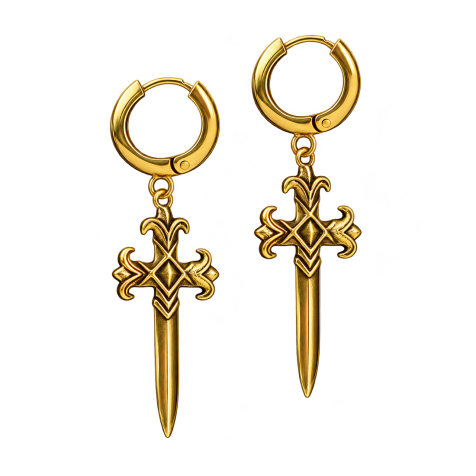 Boucle doreille plaquée or avec pendentif en forme de poignard en croix