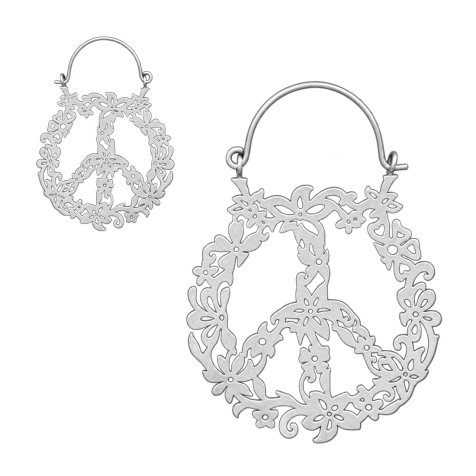 Boucle doreille en argent avec des fleurs et le symbole de la paix