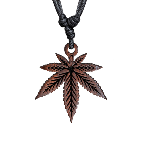 Black Necklace with Hemp Leaf Pendant Made of Ganja Wood