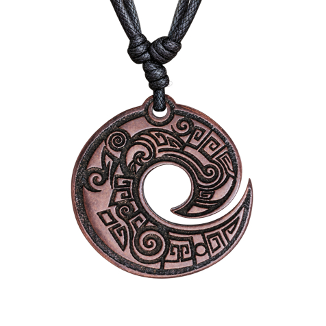 Black necklace with an engraved spiral pendant made of Sawo wood