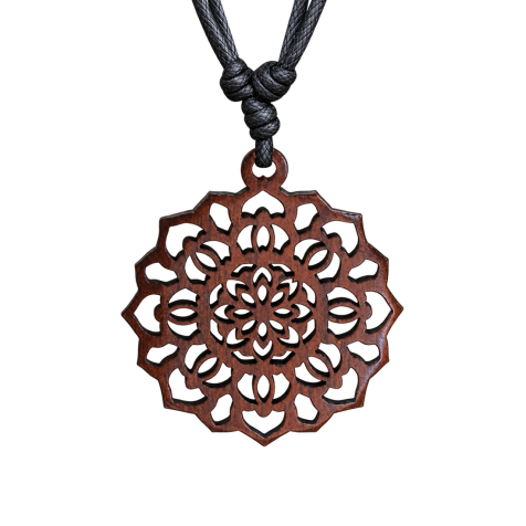 Black Necklace with Flower Mandala Pendant Made of Sawo Wood