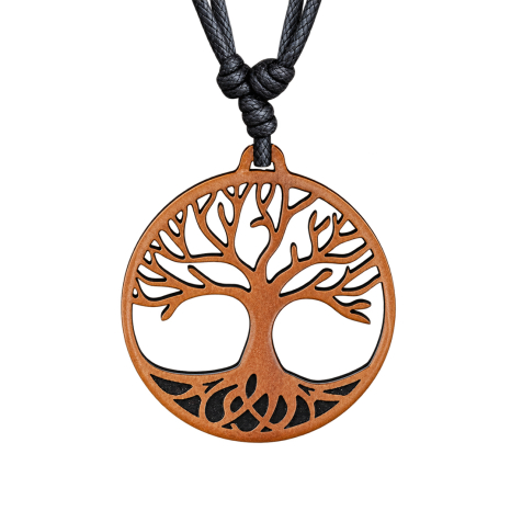 Black Necklace with Tree of Life Pendant Made of Sawo Wood