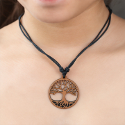 Black Necklace with Tree of Life Pendant Made of Sawo Wood