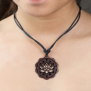 Black Necklace with Lotus Mandala Pendant Made of Sawo Wood