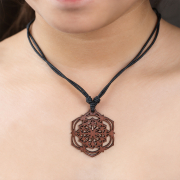 Black Necklace with Flower Mandala Pendant Made of Sawo Wood