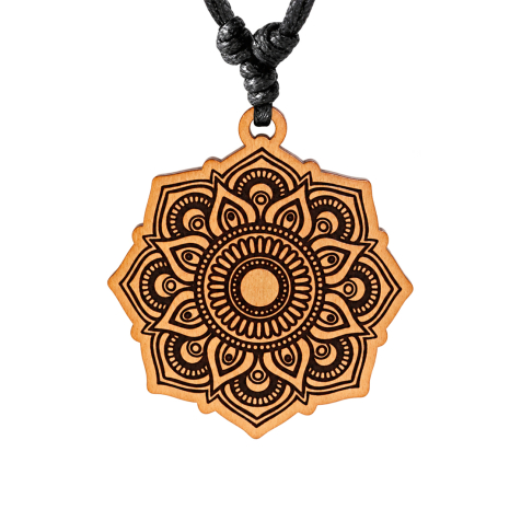 Black Necklace with Mandala Oriental Flower Pendant Made of Sawo Wood