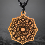 Black Necklace with Mandala Oriental Flower Pendant Made of Sawo Wood