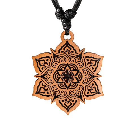 Black Necklace with Mandala Flower Pendant Made of Sawo Wood