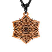 Black Necklace with Mandala Flower Pendant Made of Sawo Wood