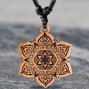Black Necklace with Mandala Flower Pendant Made of Sawo Wood