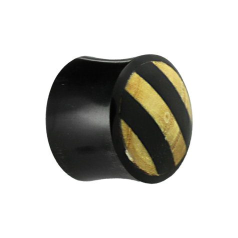 Flared plug made of black horn with wooden inlay